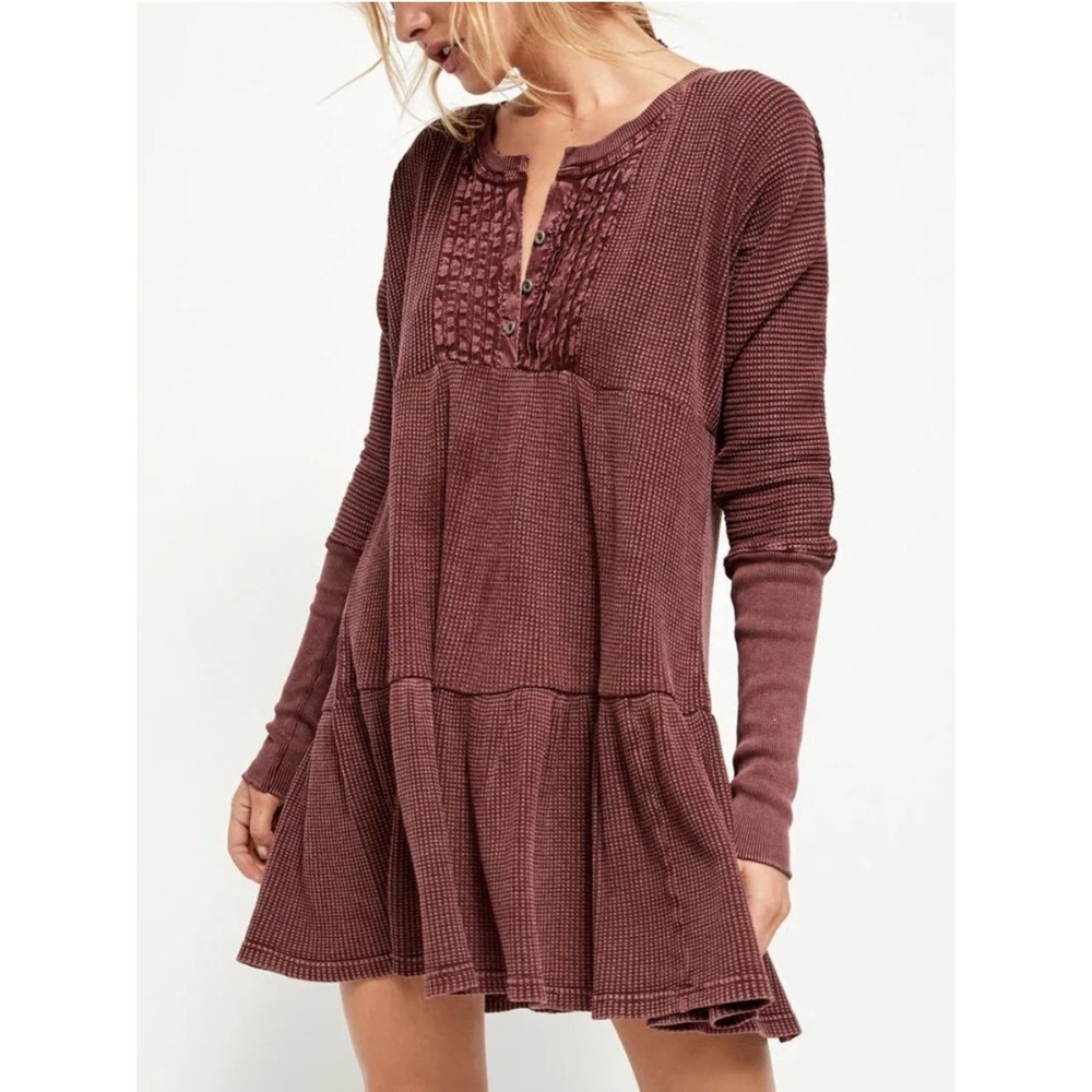 Free People FP One Burgundy Jolene Thermal Henley Mini Dress M Boho Earthy Layer
